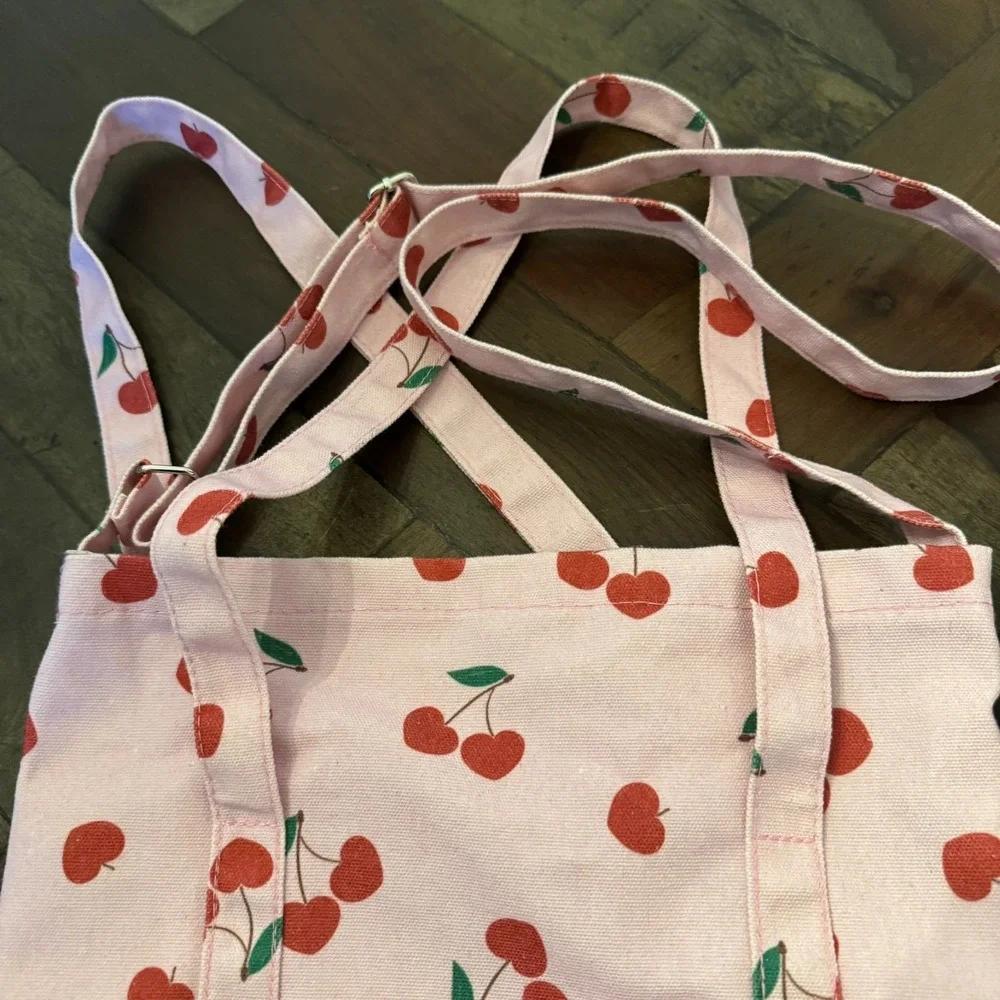 Pink & Cherry Print‎ Canvas Tote Bag with Handles & Adjustable Strap Book Bag